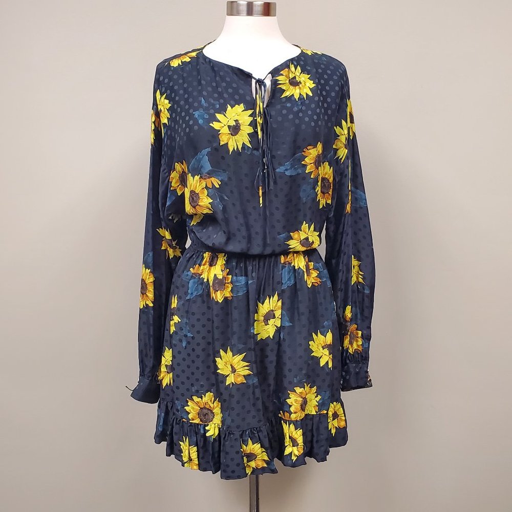The Kooples Sunflower Print Black Mini Dress Silk Blend Size 2 Long Sleeve